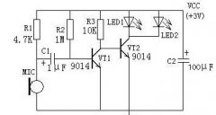 声控闪光 LED 灯电路主要由捡音器（驻极体电容器话筒），晶体管放大器和发光二极管等构成。 以下为一款声控闪光 LED 灯电路图。 电路原理静态时， VT1 处于临界饱和状态，使 VT2 截止， LED1 和 LED2 皆不发光， R1 给电容话筒 MIC 提供偏置电流，话筒捡取室