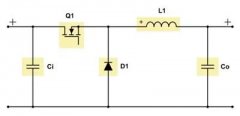 在本篇文章中，将从不同方面深入介绍降压、升压和降压-升压拓扑结构。 降压转换器 图1是非同步降压转换器的原理图。降压转换器将其输入电压降低为较低的输出电压。当开关Q1导通时，能量转移到输出端。 图1：非同步降压转换器原理图 公式1计算占空比： 公式2