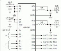 MAX8967 һ PMIC ѹ DC-DC תԶ̵ݹܵĵѹѹѹתṩߴ 2A  LDO ṩصߴ 300mA ĵṩߴ 150mA ѹתңУطԶ IC